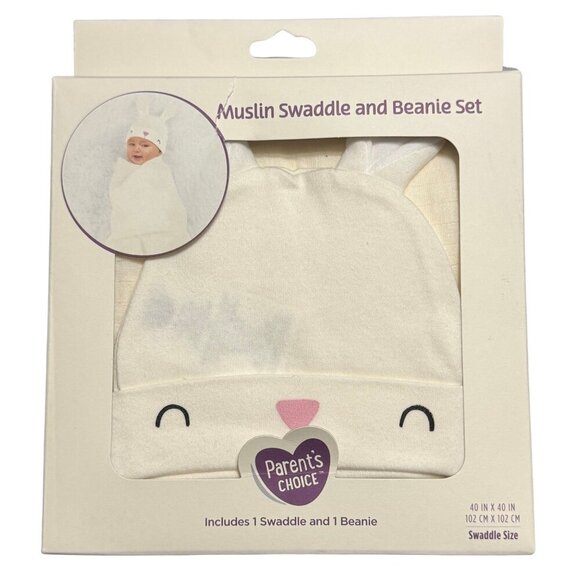 Parent's Choice 2-Piece Ivory Muslin Swaddle Blanket and Beanie Set - NWT - Picture 2 of 7